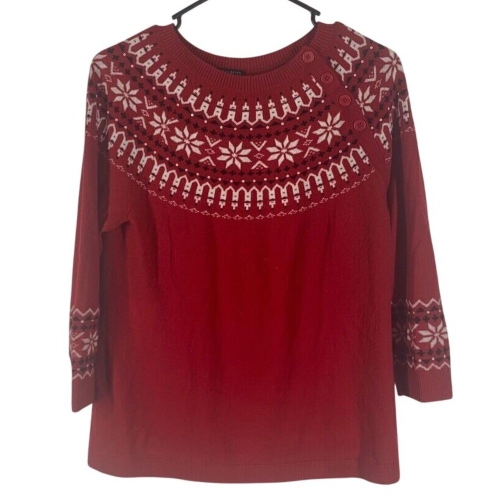 Talbots Fair Isle Lambswool Blend Sweater Womens Petite MP Red Long Sleeve